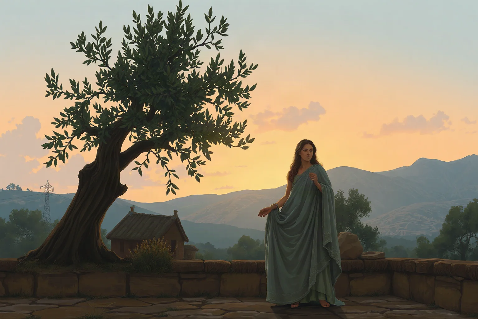 Ancient Greek woman in philosophical discussion beneath olive trees at dusk, soft classical illustration