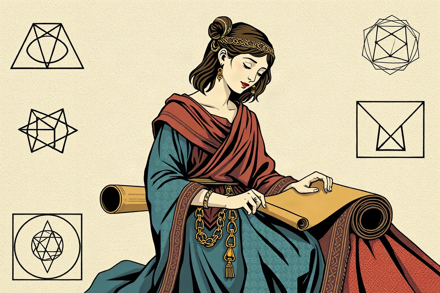 Ancient Greek woman in Pythagorean-style robes writing on a scroll surrounded by geometric symbols, illustrated style