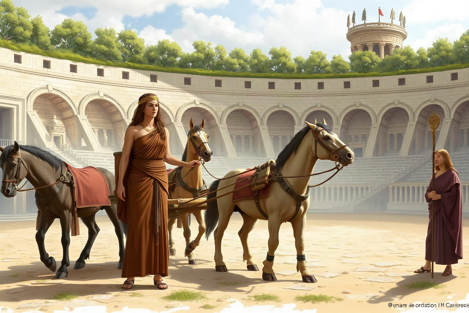 Ancient Greek woman standing proudly beside a four-horse chariot at an olive-crowned stadium, illustrated historical scene