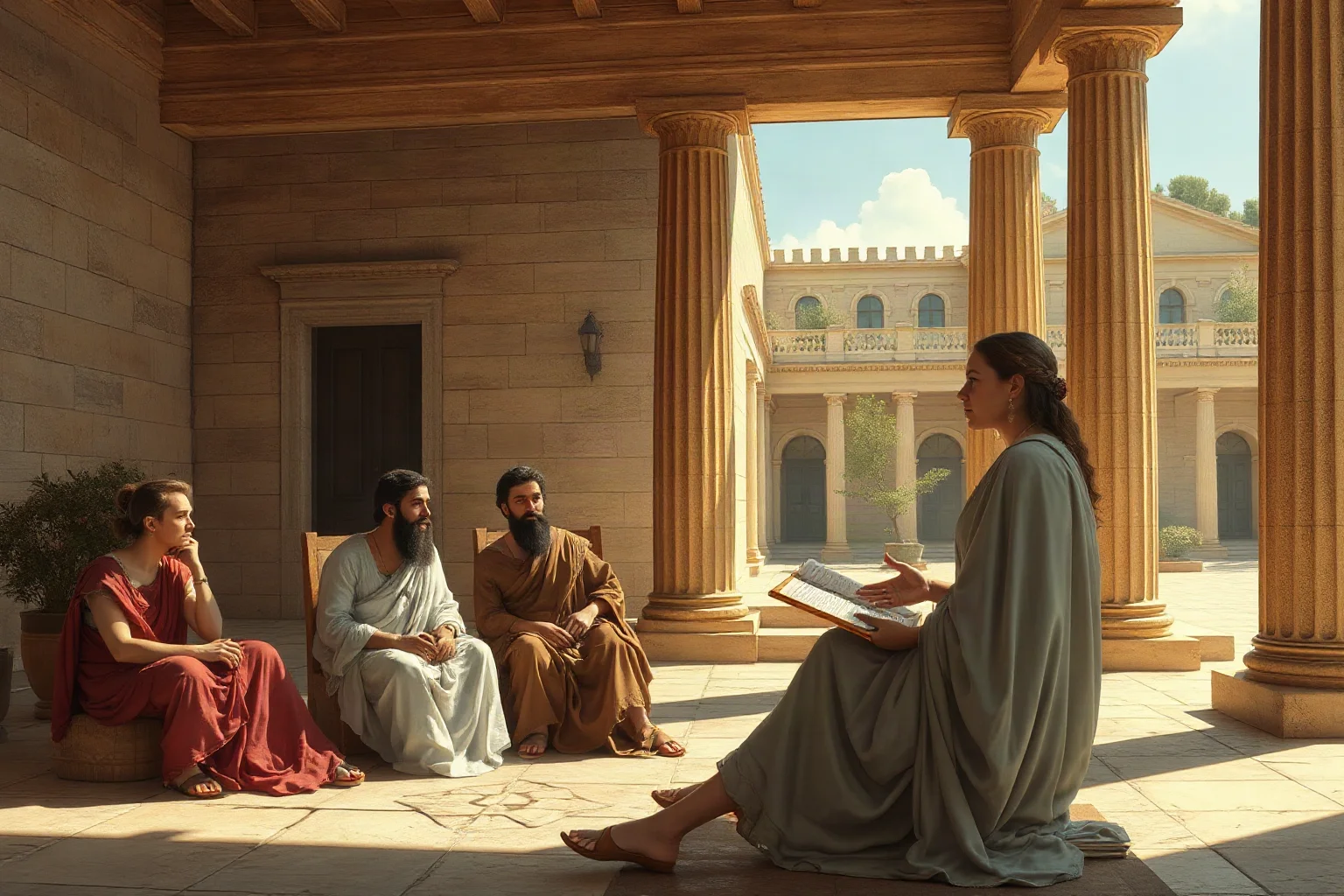 Ancient Greek woman teaching philosophy to seated students in a sunlit courtyard, classical illustration style