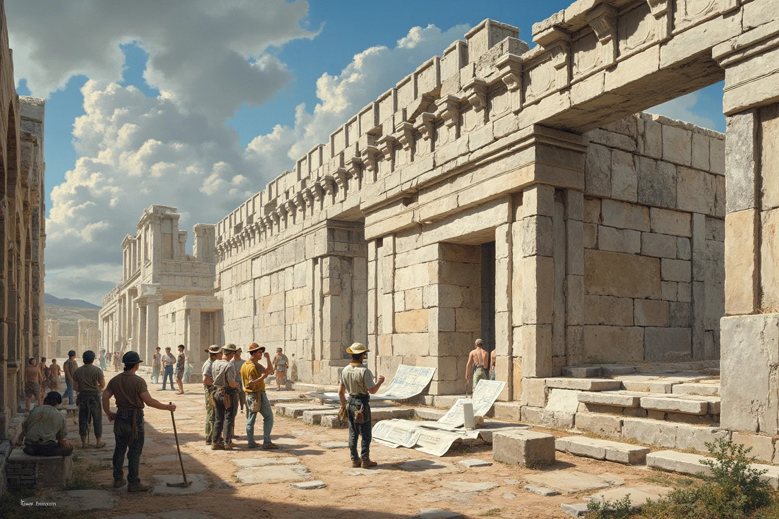 Ancient Greek workers and architects reviewing building plans in front of a partially constructed marble temple, 5th century BCE