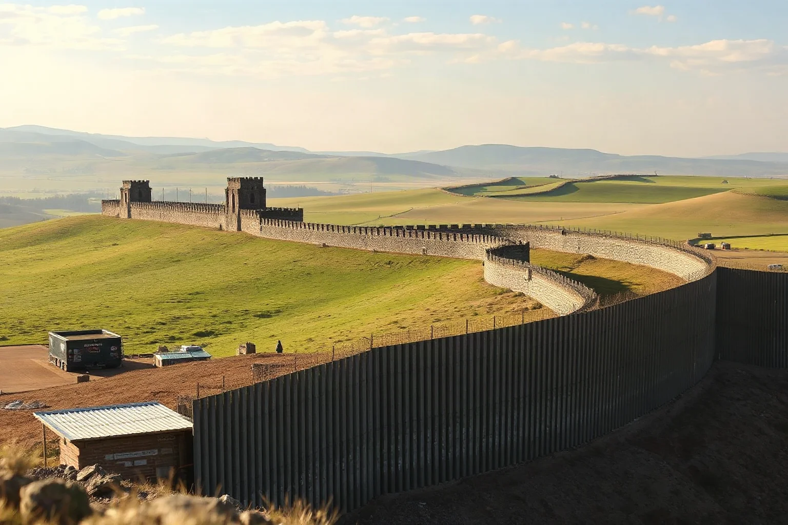 Ancient Hadrian's Wall stretching across landscape; modern border wall under construction with similar defensive architecture and purpose