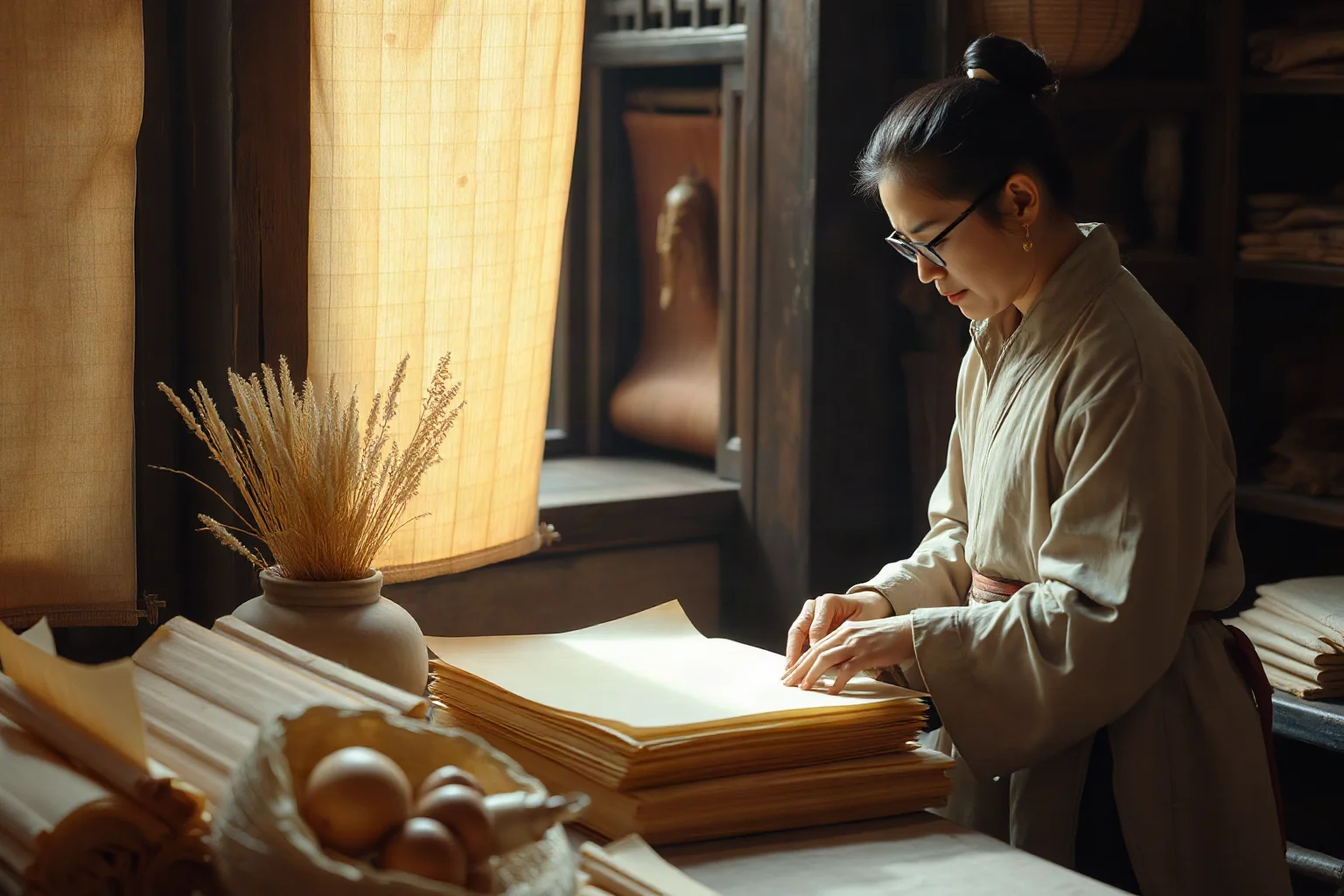 Ancient Han dynasty artisan crafting sheets of paper from plant fibers in a workshop