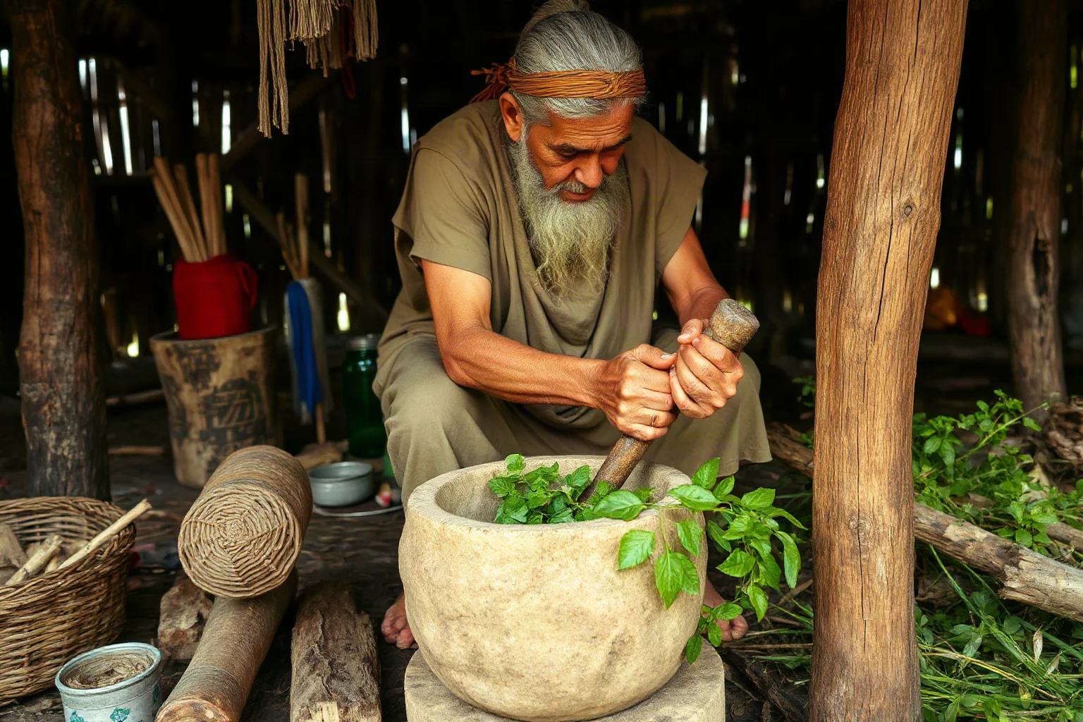 Ancient healer grinding medicinal herbs with stone mortar and pestle in a thatched hut