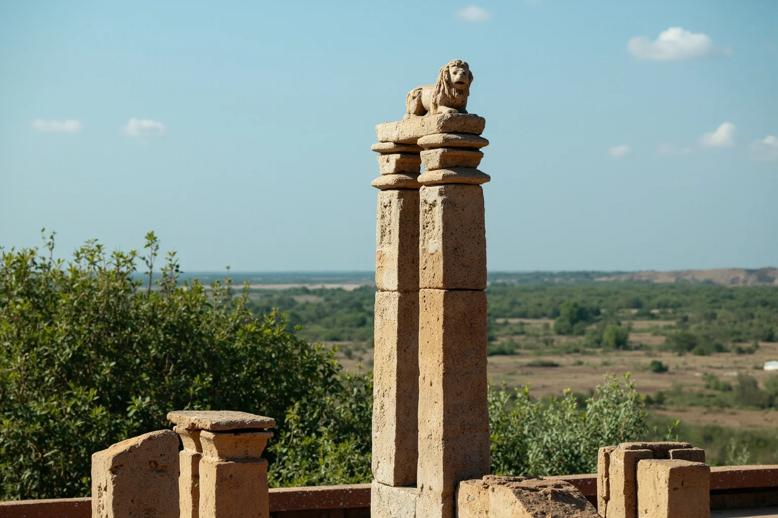 Ancient Indian Maurya-era stone pillar with lion capital in a lush subcontinental landscape