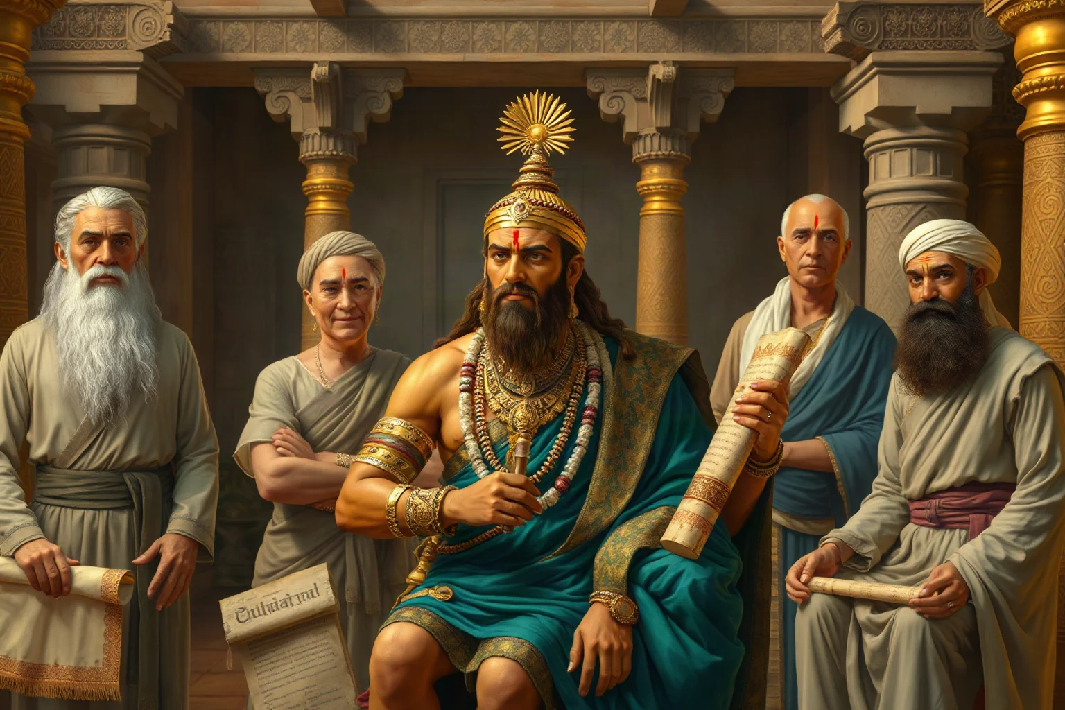 Ancient Indian ruler in a royal court setting with advisors and scrolls