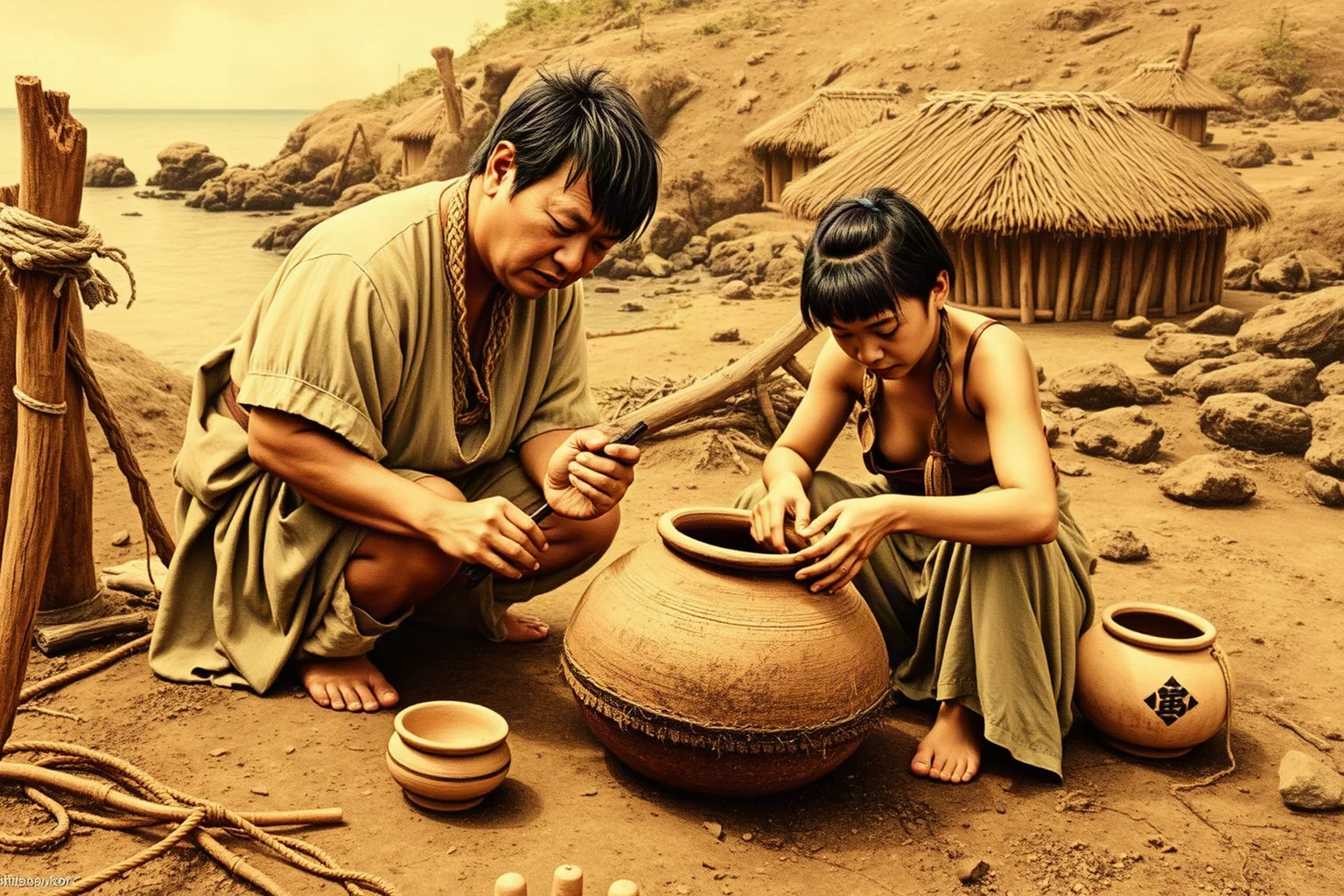 Ancient Jōmon-era hunter-gatherers crafting cord-marked pottery near a Japanese coastal village