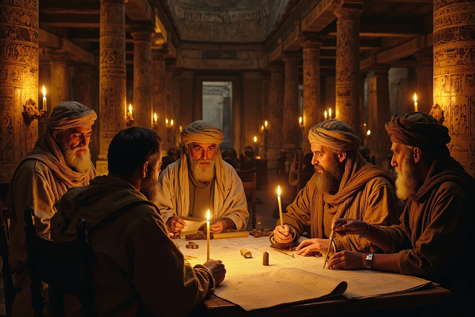Ancient library of Alexandria with scrolls and scholars debating over manuscripts by candlelight
