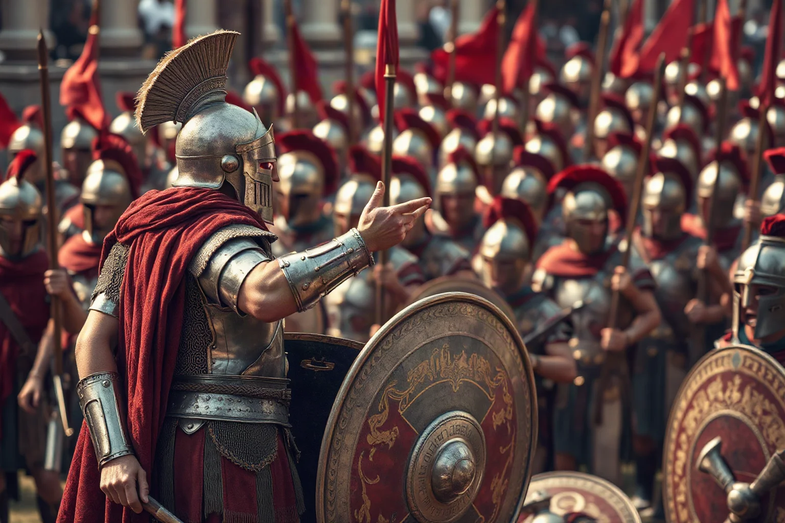 Ancient Macedonian king in armor addressing a disciplined phalanx of soldiers