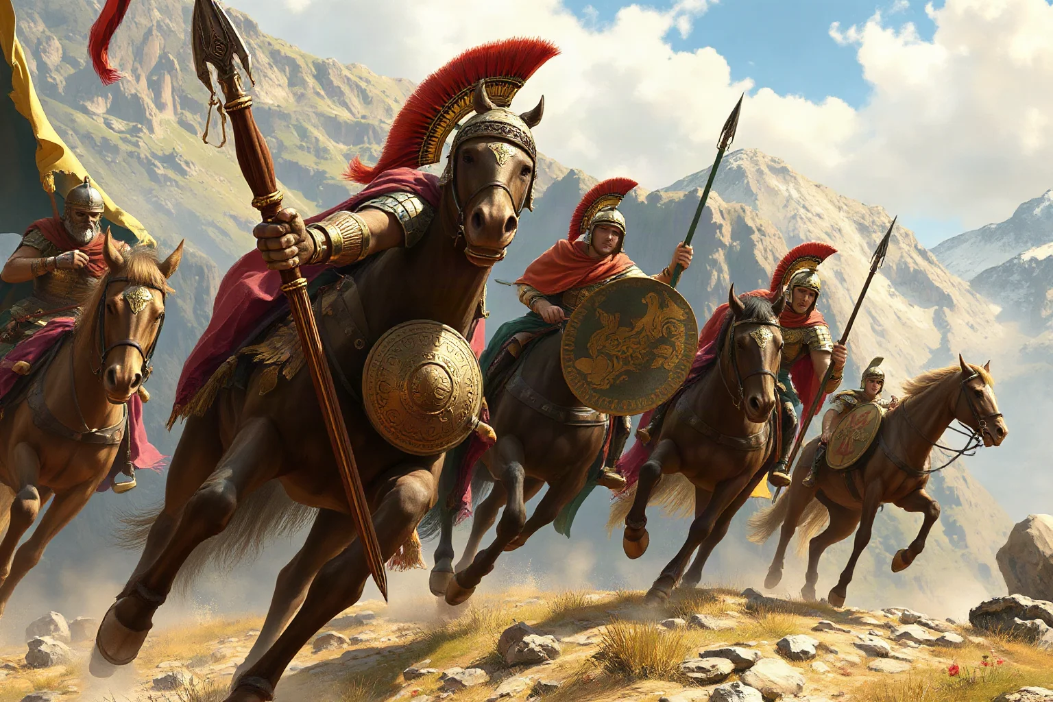 Ancient Macedonian king in bronze armor and cape leading cavalry across a mountain pass, illustrative historical style