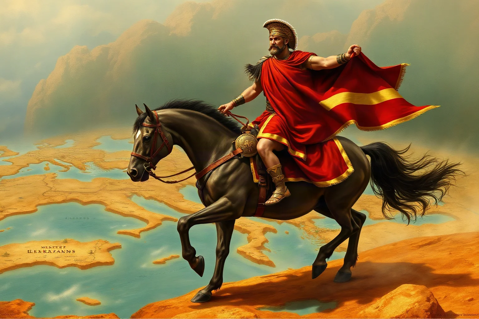 Ancient Macedonian warrior in armor on horseback, vast empire map spread across continents