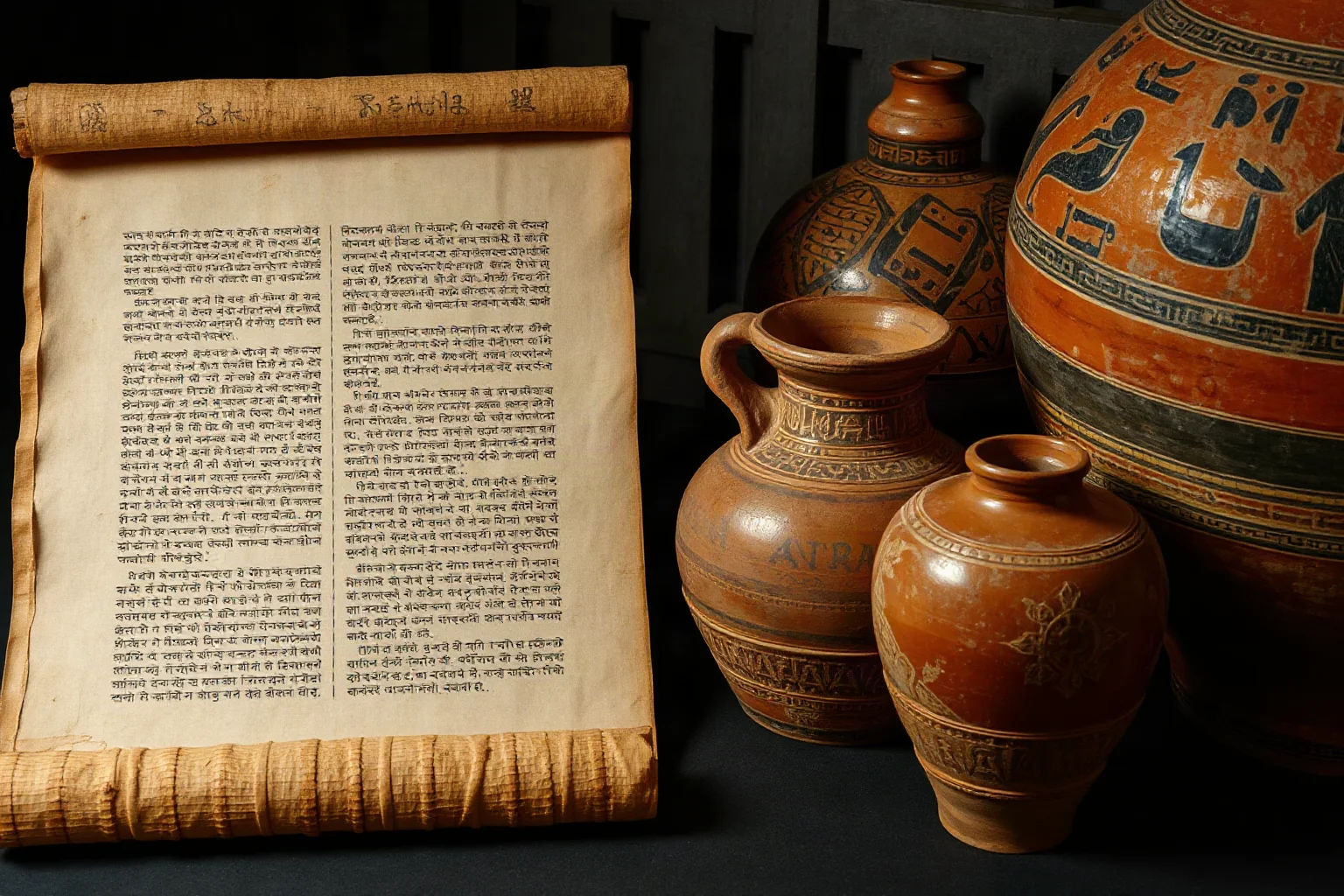 Ancient medical papyrus scroll with hieroglyphic text beside old pottery jars