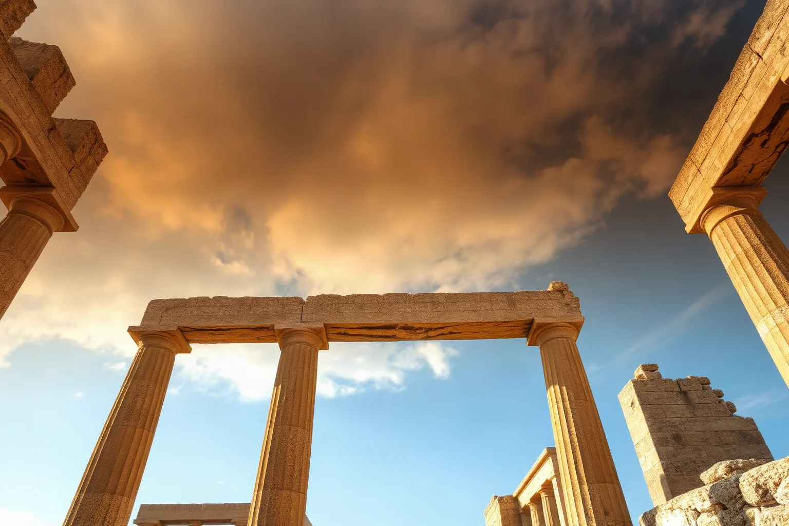 Ancient megalithic temple ruins made of massive limestone blocks under a bright Mediterranean sky