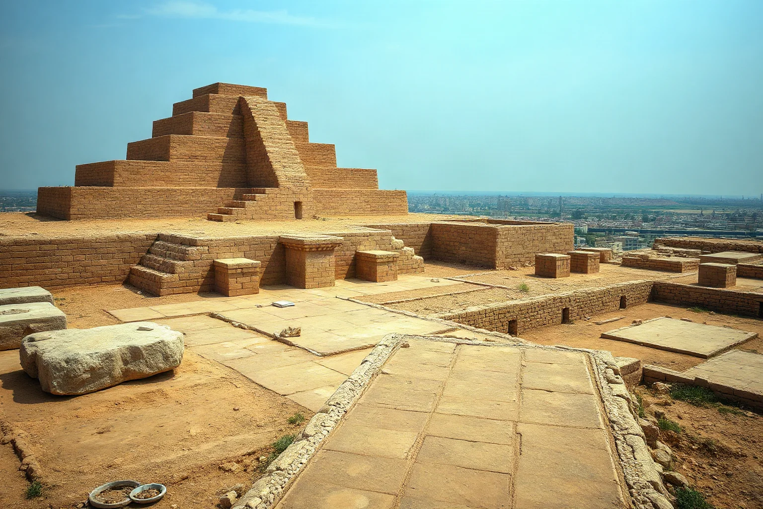 Ancient Near Eastern city of Susa with mudbrick ziggurat and Elamite cuneiform tablets