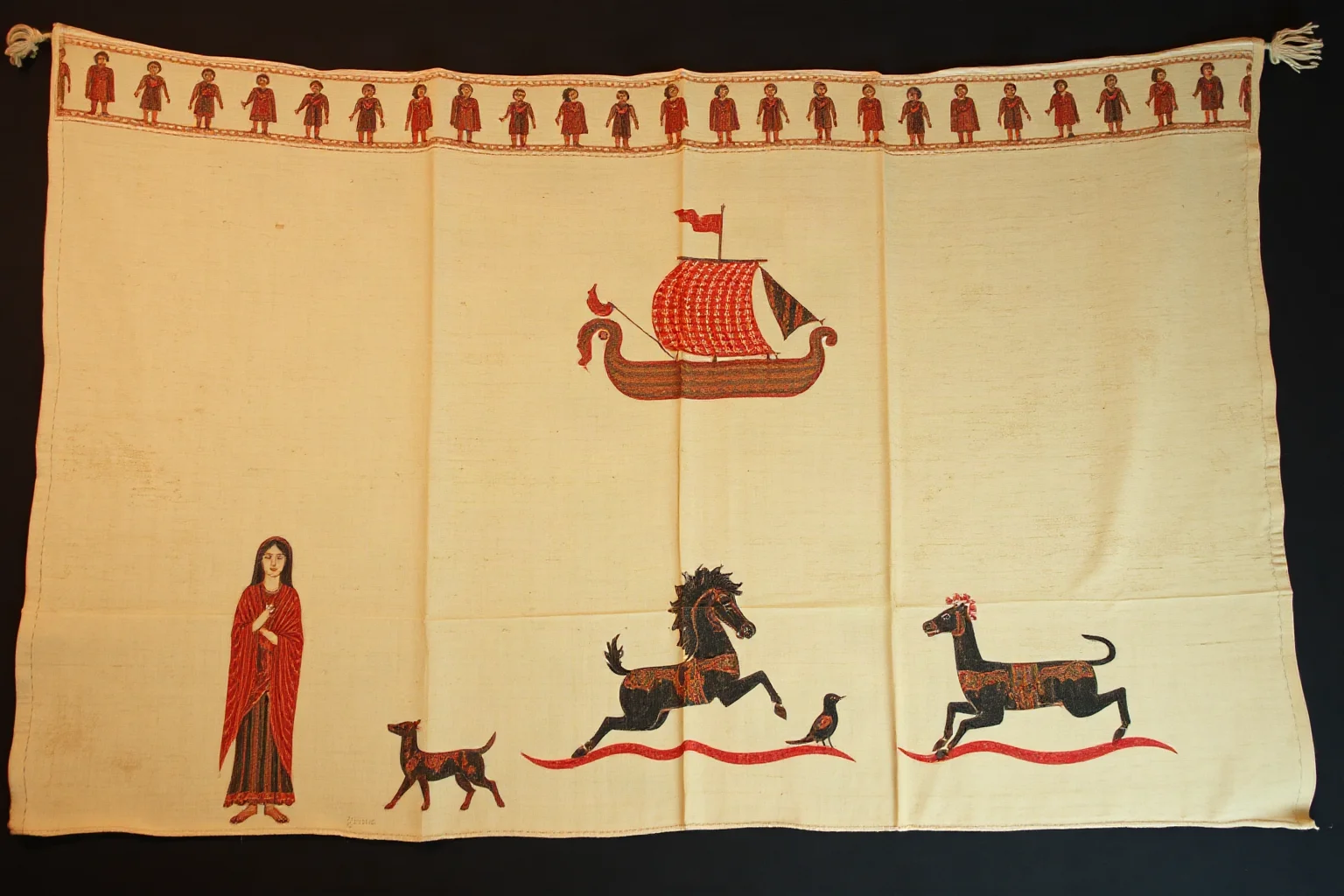 Ancient painted linen textile shroud with figures, boats, and animals depicted in red and black pigment on cloth