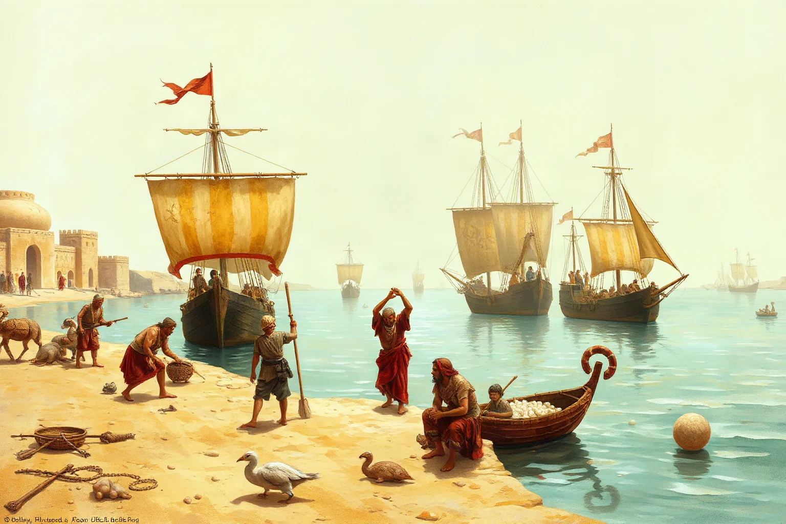 Ancient Persian Gulf port scene with pearl divers and trading ships representing Dilmun