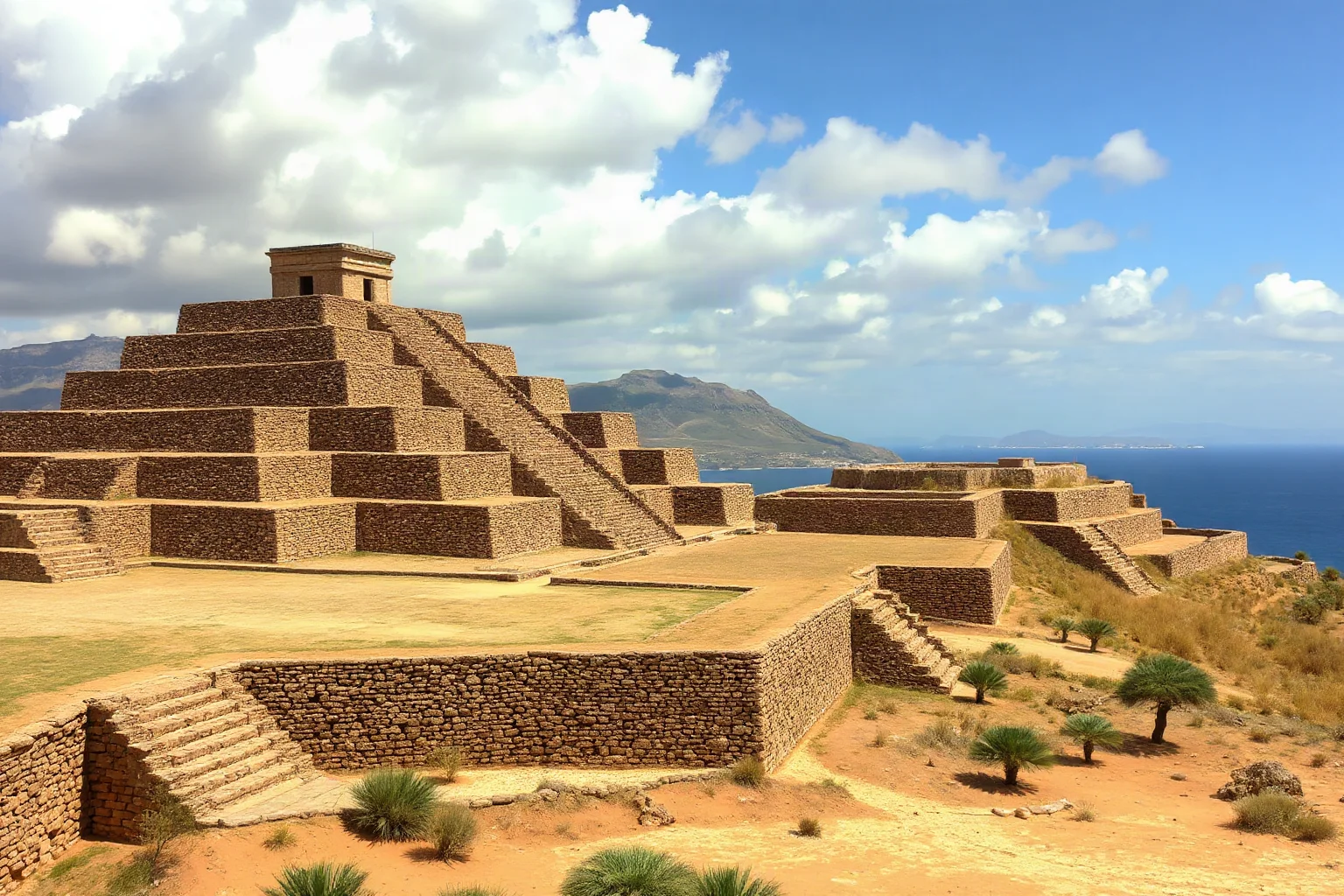 Ancient Peruvian city of Caral with stepped pyramids and desert coastal landscape