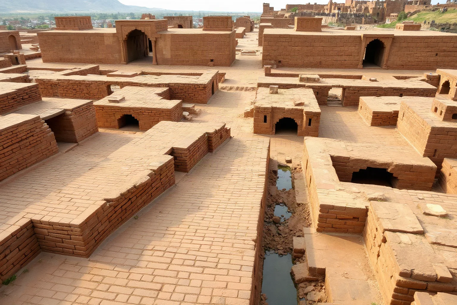 Ancient planned city street grid with brick drainage systems, Indus Valley civilization