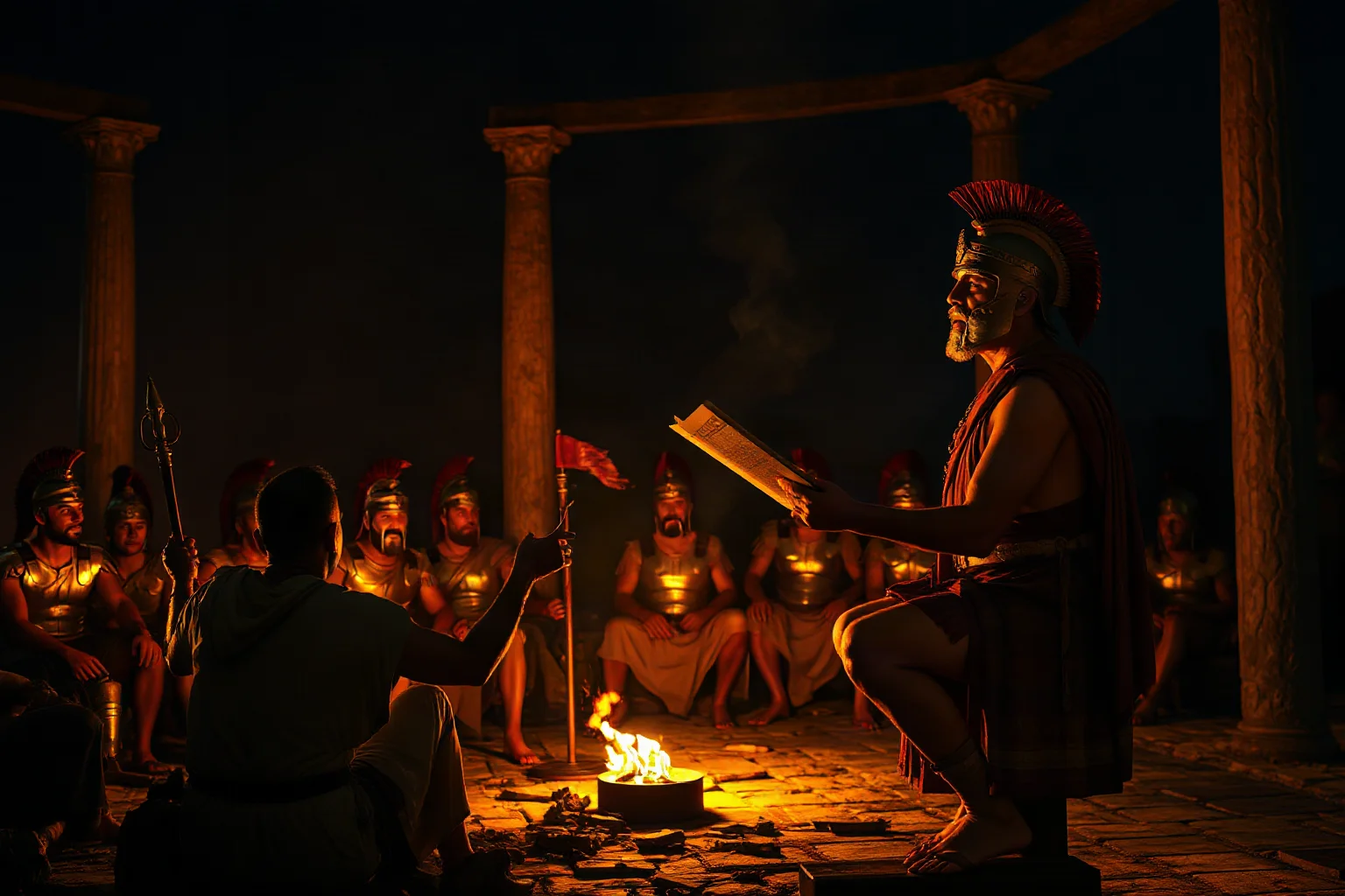 Ancient poet reciting verses to a seated audience of Spartan soldiers by firelight