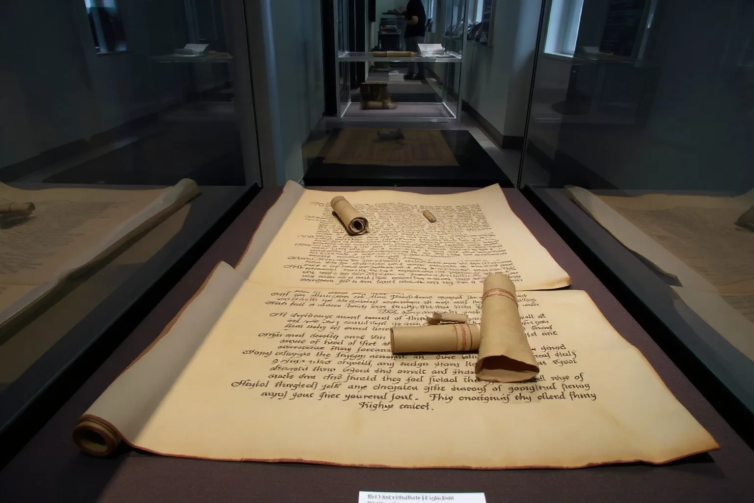 Ancient rolled parchment scroll fragments laid out in a climate-controlled case