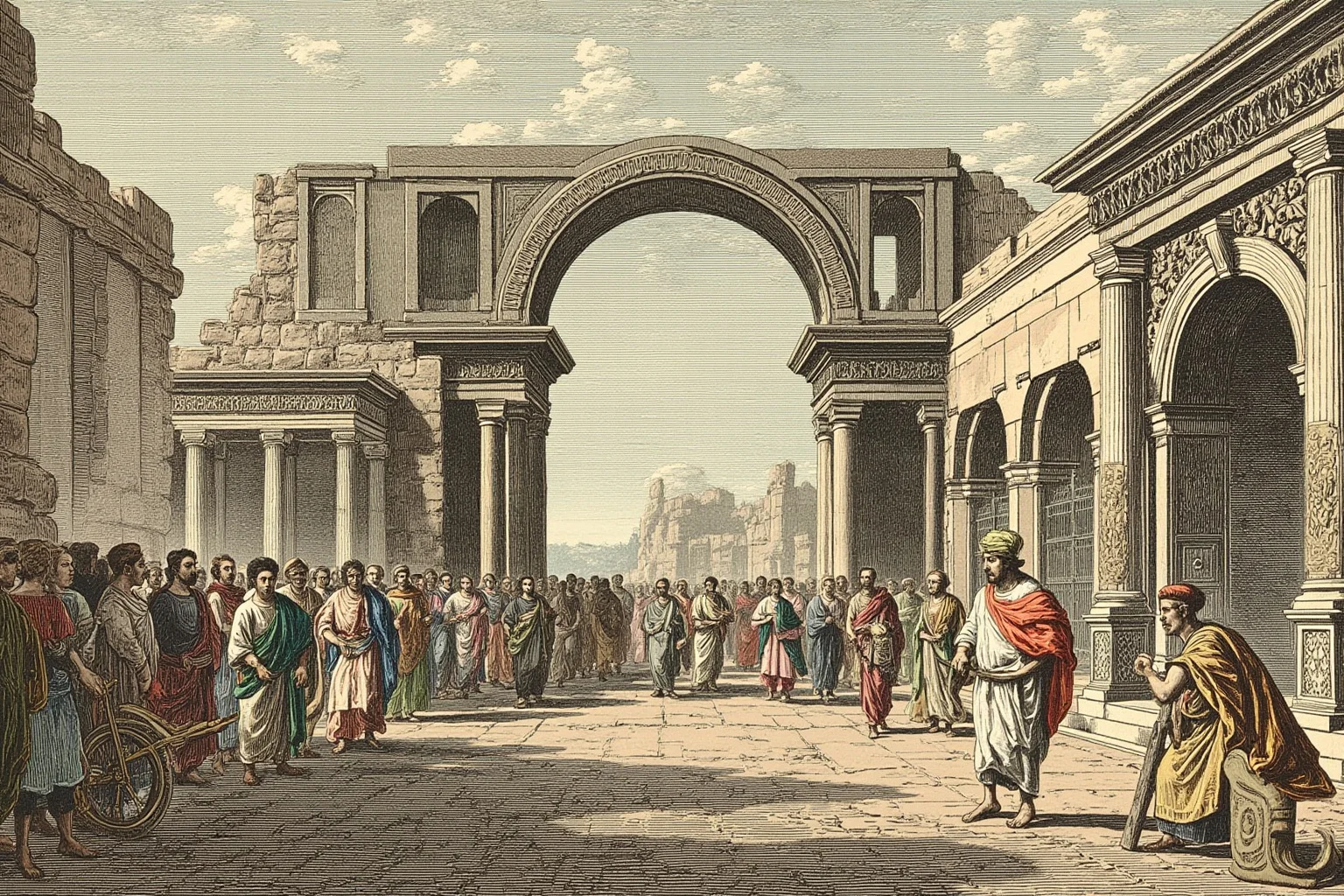 Ancient Roman amphitheater entrance archway with crowds of citizens walking through, historical illustration