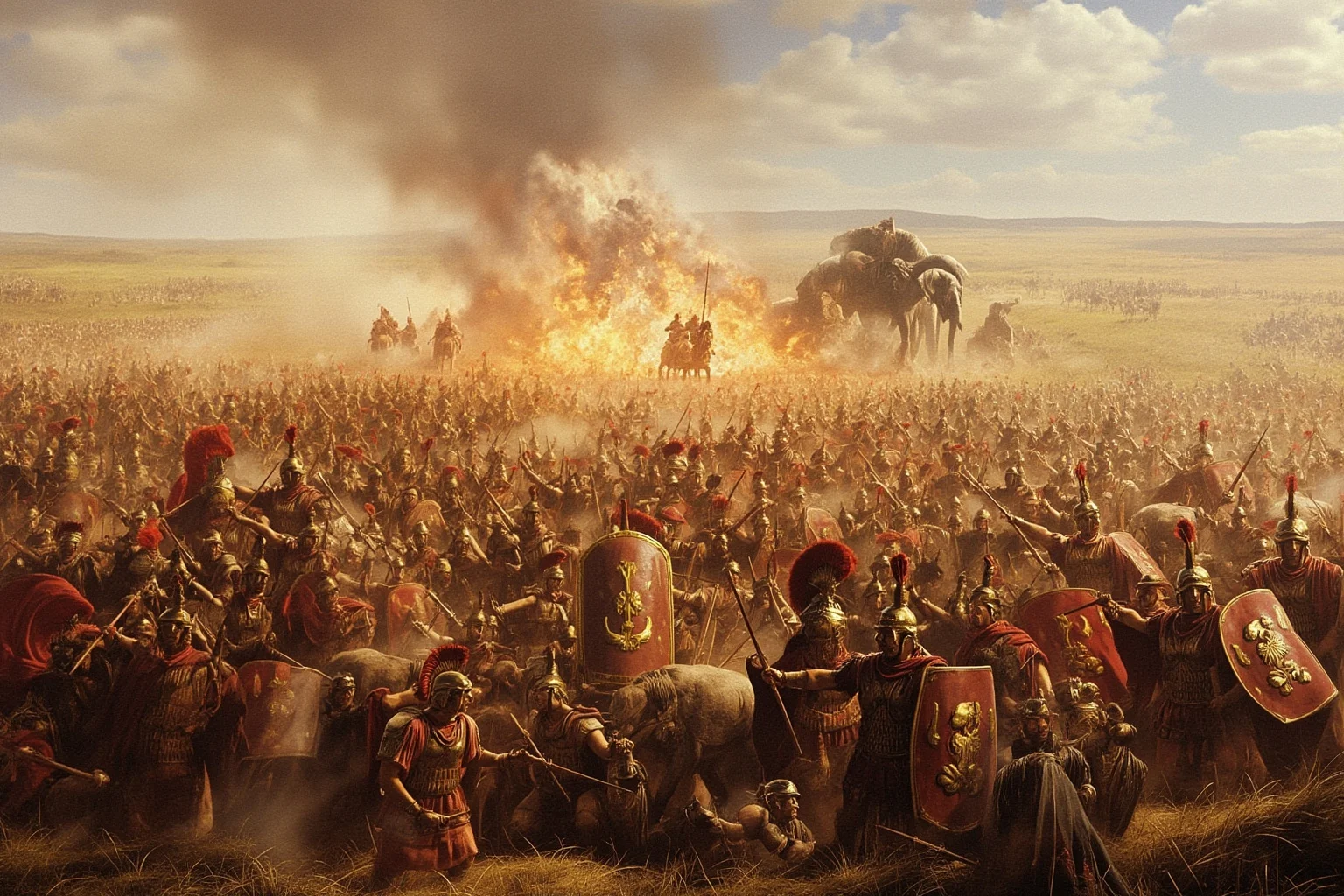 Ancient Roman and Carthaginian armies clashing on an open plain, elephants and cavalry visible in the distance