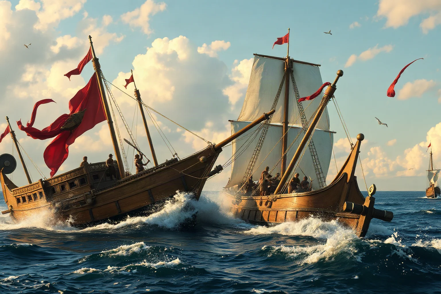Ancient Roman and Carthaginian warships ramming each other in a Mediterranean sea battle