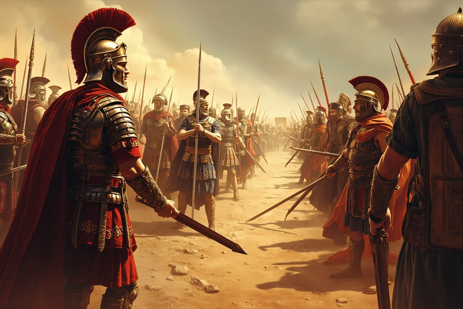 Wars That Lasted A Lot Longer Than You Thought 15 Ancient Roman and Persian armored soldiers facing each other across a desert frontier, painterly historical style
