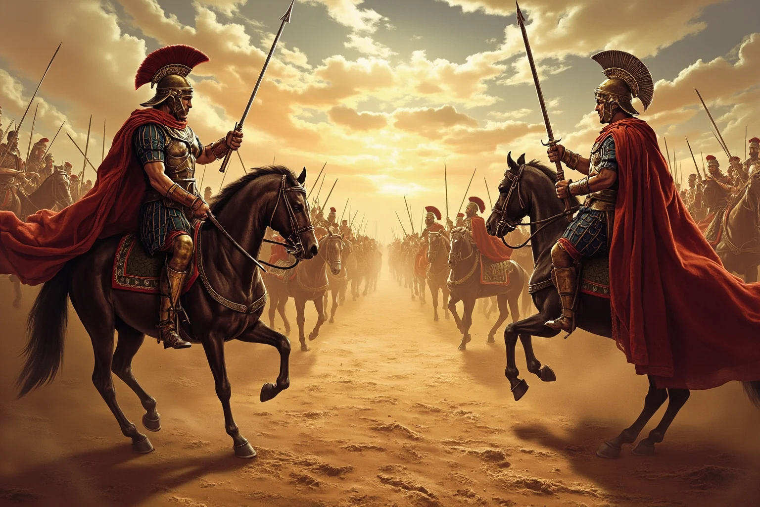 Wars That Lasted A Lot Longer Than You Thought 4 Ancient Roman and Persian armored soldiers facing each other across a desert frontier, painterly historical style