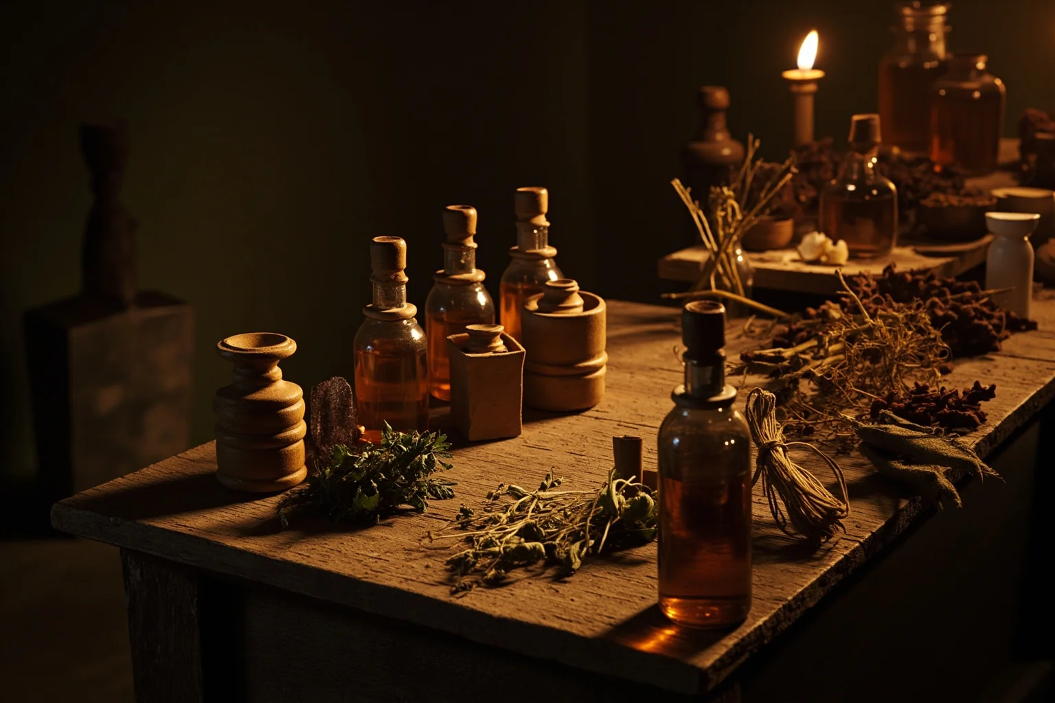 22 Creepiest People in History (And the Truth Behind Their Legends) 14 Ancient Roman apothecary table with vials and herbs, dim candlelight, historical illustration