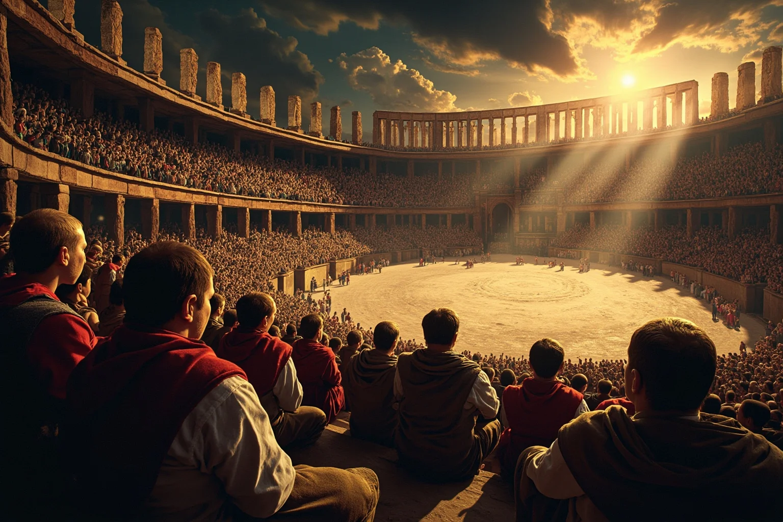 Public Executions Were Once The Most Attended Events In Town — Here's What That Says About Us 3 Ancient Roman arena crowd watching from stone stands, dramatic lighting, historical illustration style