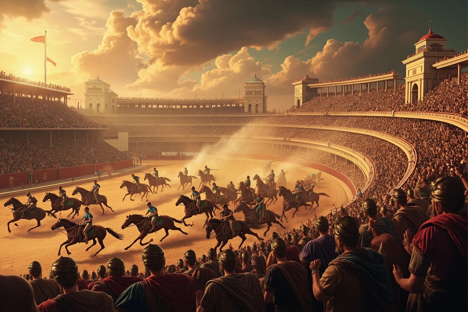 22 Lesser-Known Historical Events That No One Talks About 8 Ancient Roman-Byzantine chariot racing stadium filled with chaotic crowds, dramatic historical illustration