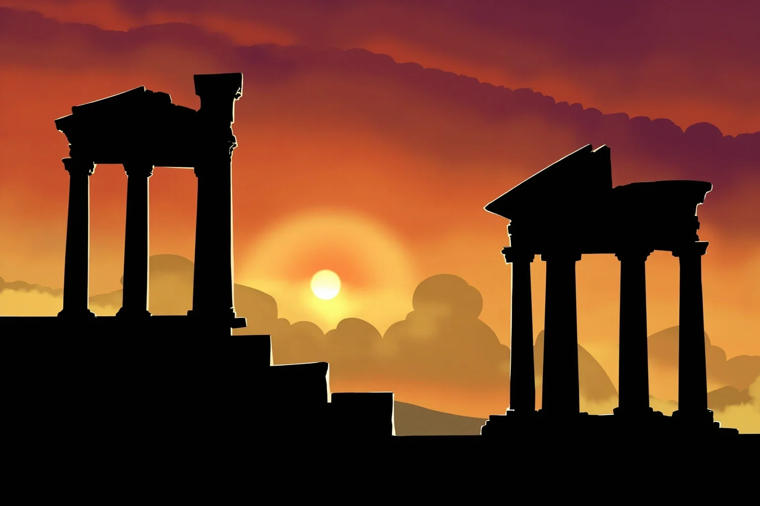 Brutal Forms of Public Humiliation Throughout History 18 Ancient Roman columns and a triumphal arch silhouette against a sunset sky, historical illustration style