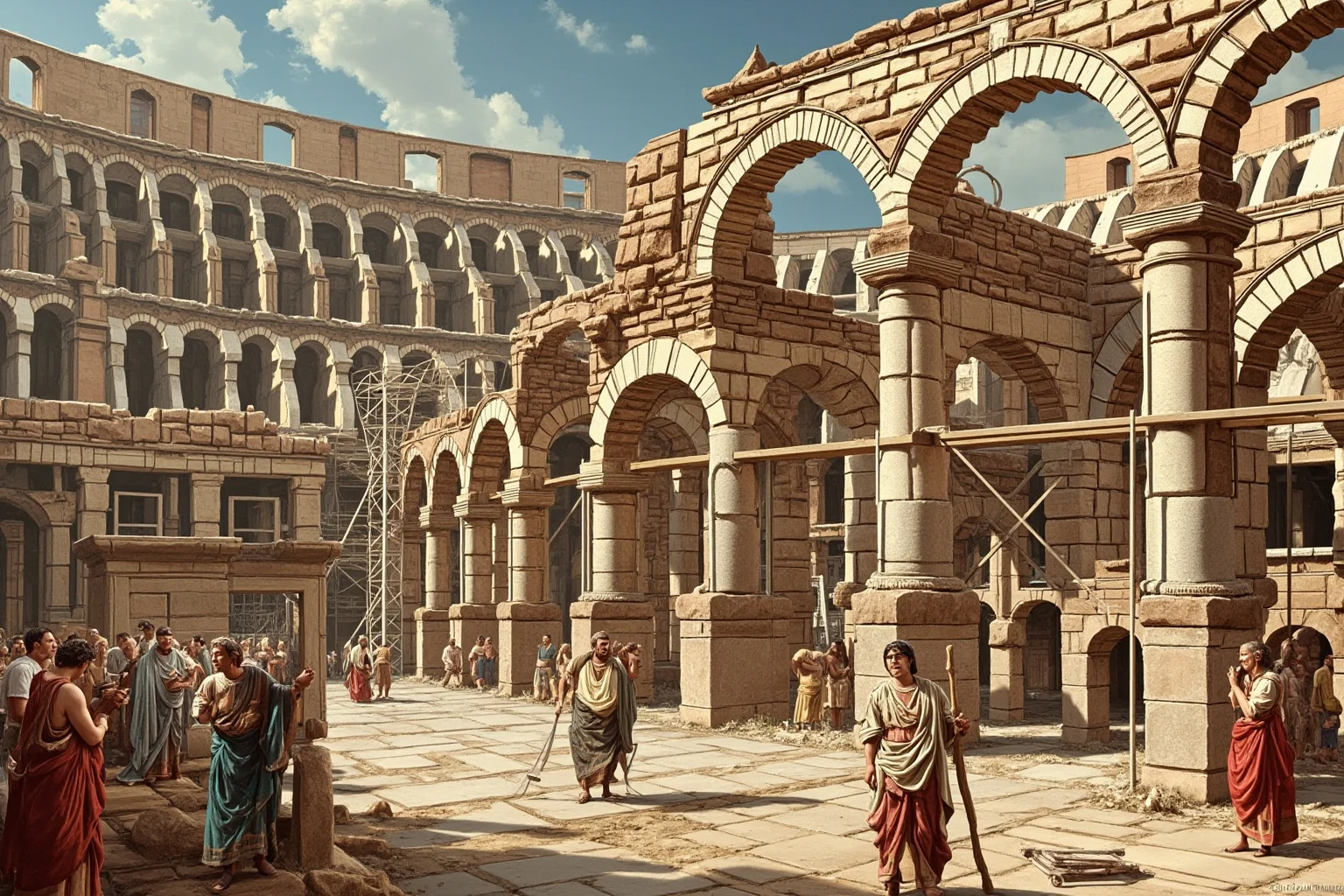 Ancient Roman laborers and engineers building the Colosseum's stone arches with scaffolding, artistic history illustration