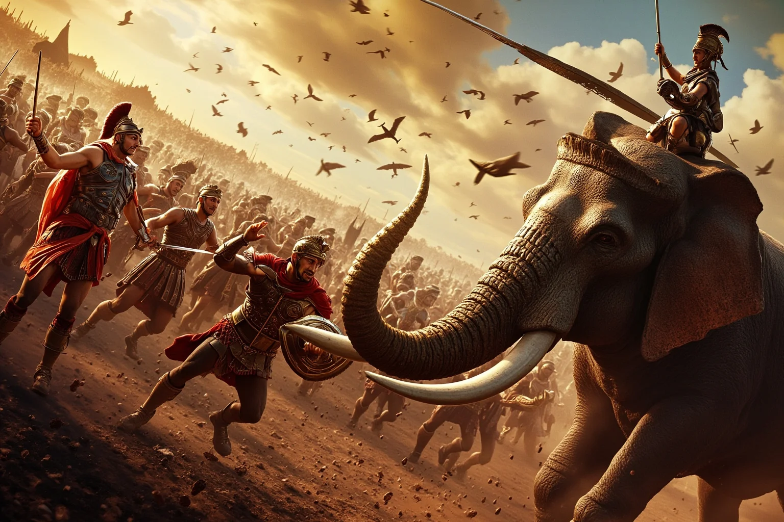 Wars That Lasted A Lot Longer Than You Thought 16 Ancient Roman legionaries and Carthaginian war elephants clashing in a dramatic battle scene