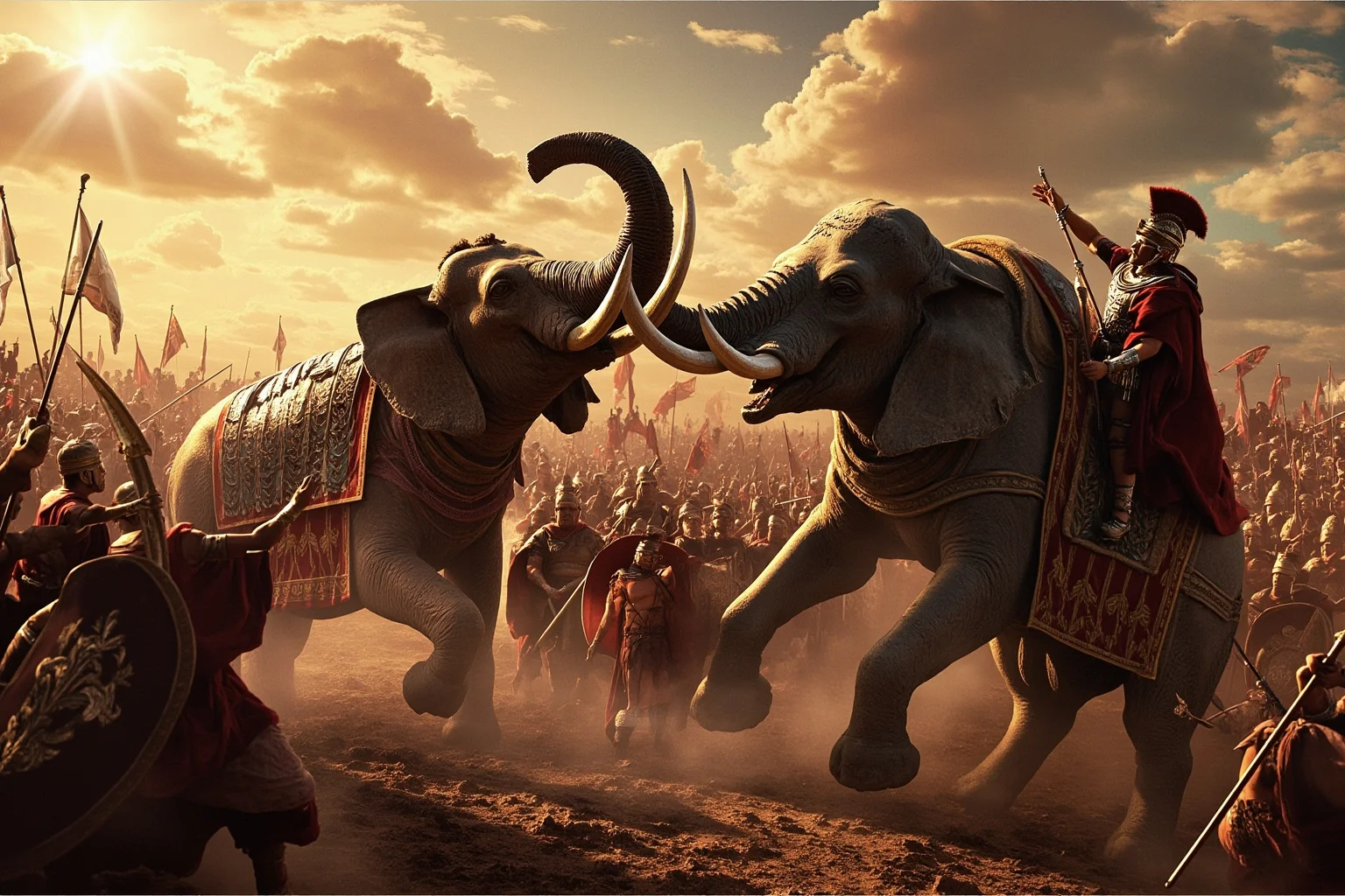Wars That Lasted A Lot Longer Than You Thought 5 Ancient Roman legionaries and Carthaginian war elephants clashing in a dramatic battle scene