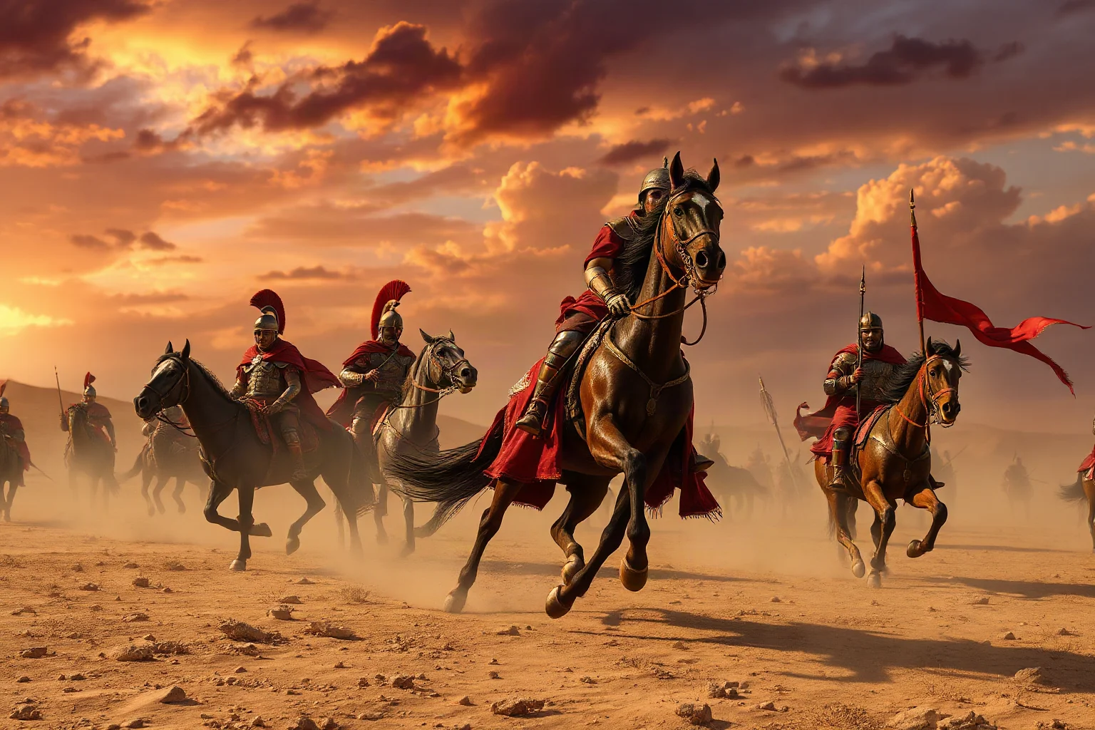Ancient Roman legionaries and Persian Sassanid cavalry clashing on a desert frontier under a dramatic sky