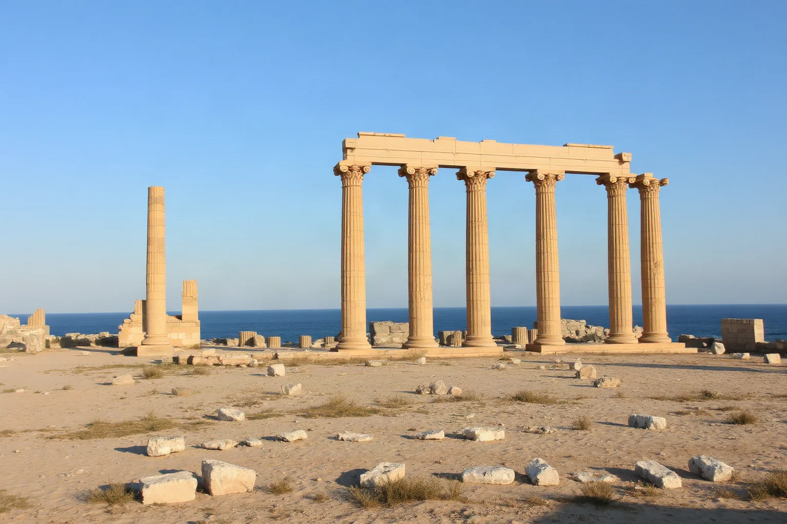 Ancient Roman ruins of Carthage with broken columns and scattered stone fragments across sandy terrain near Mediterranean coast