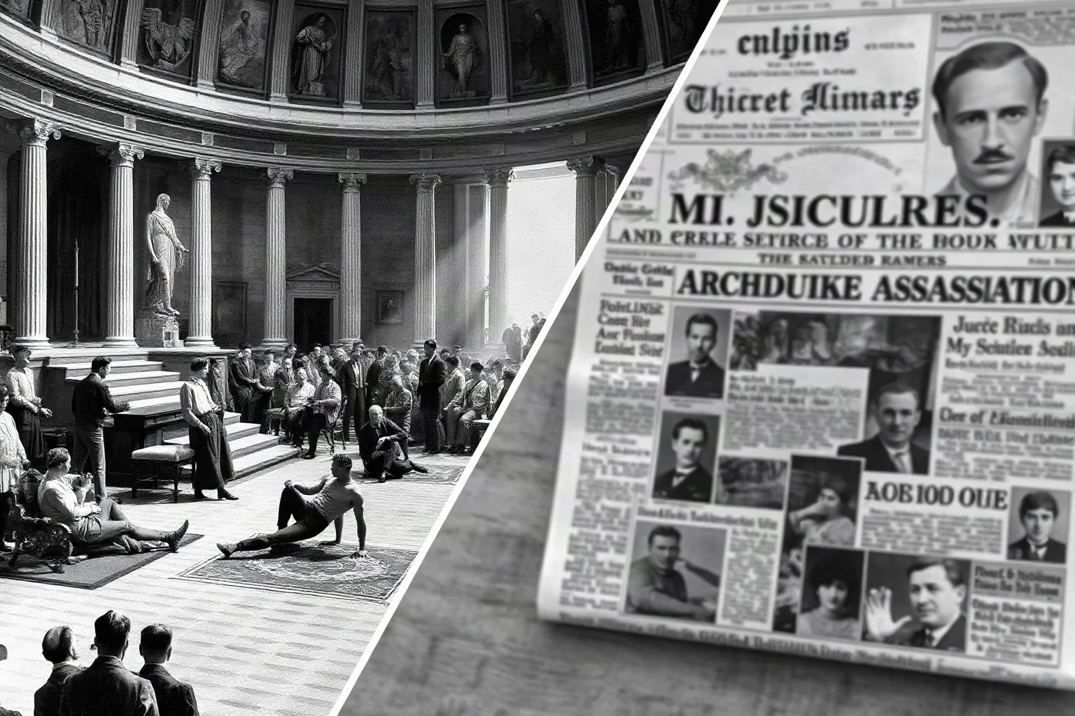 Ancient Roman senate chamber with Julius Caesar fallen, senators in chaos; separately, 1914 newspaper headlines about Archduke assassination