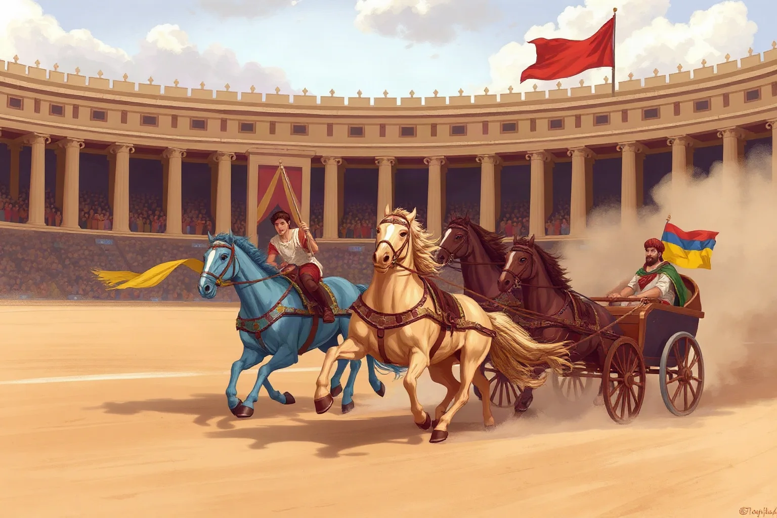 Ancient Roman-style illustration of a four-horse chariot race in a large stadium