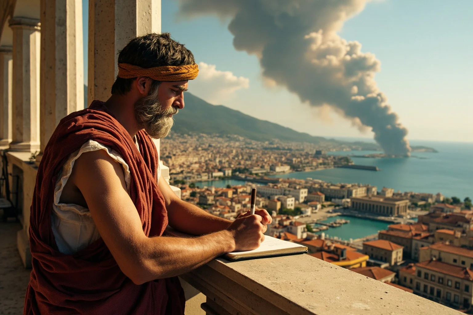 Ancient Roman writer on a balcony overlooking the bay, observing a distant volcanic eruption and taking notes