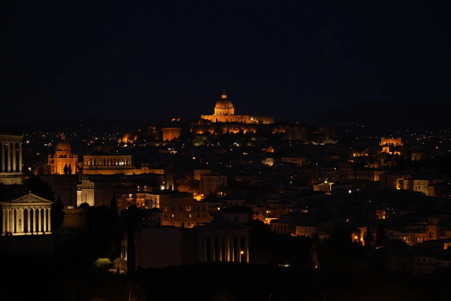 Ancient Rome burning in the distance at night, viewed from a hillside with classical columns in the foreground