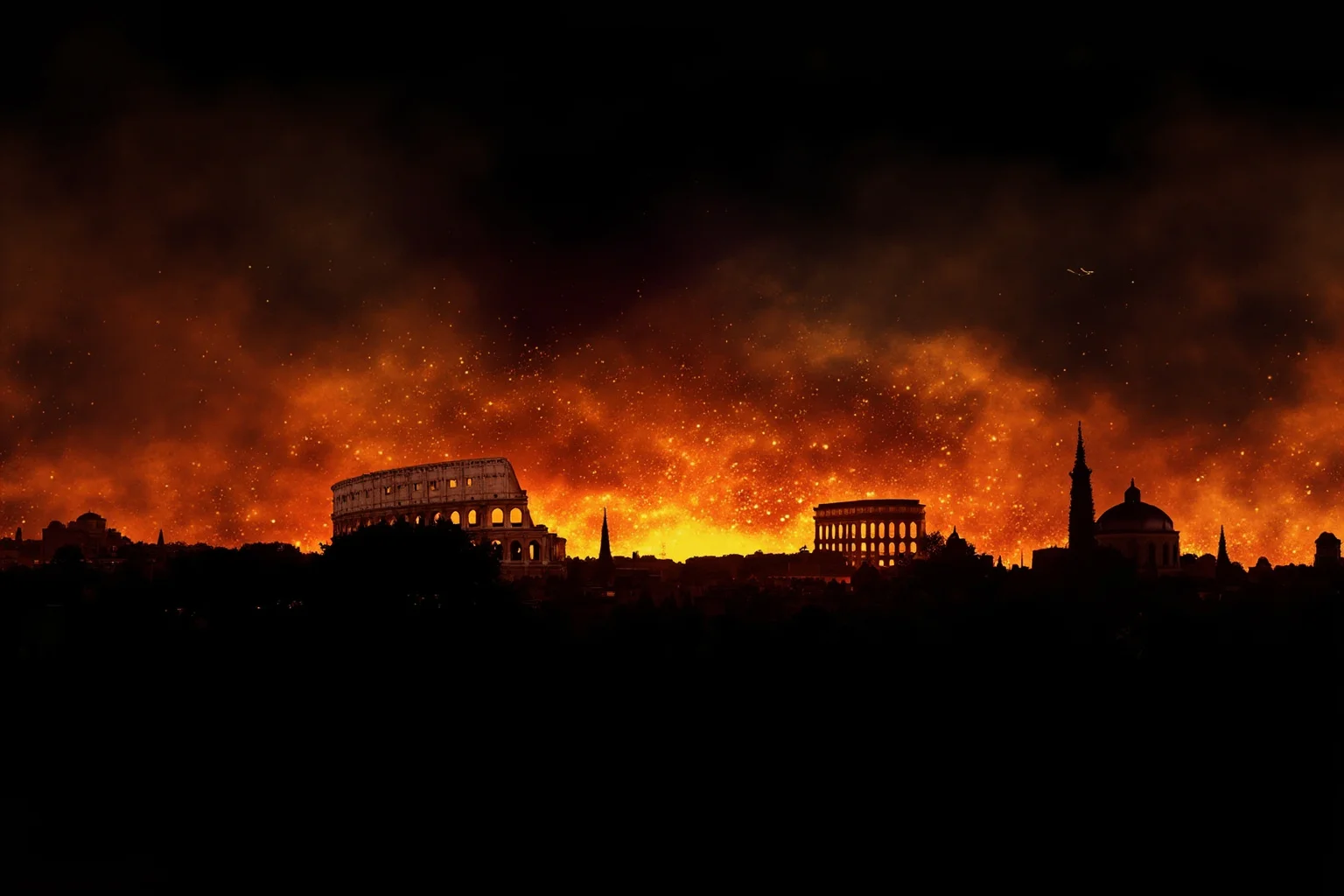 10 of History's Most Evil People & 10 of Its Greatest Heroes 9 Ancient Rome burning skyline at night with the Colosseum silhouette, historical dramatic illustration