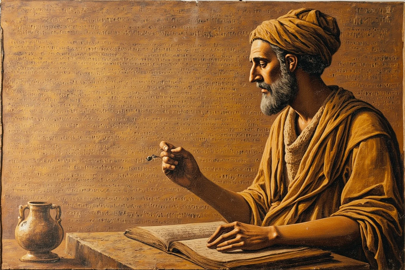 Ancient scholar in Hellenistic Alexandria writing a biographical manuscript with confused expressions and conflicting notes