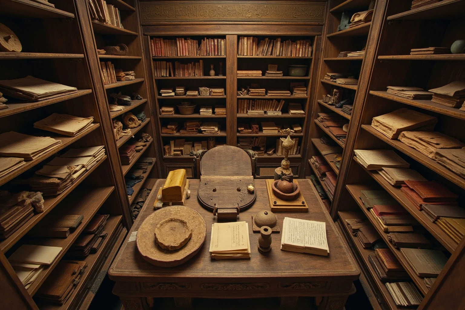 Ancient scholar's study filled with scrolls, tablets, and texts covering numerous subjects like mathematics, biology, and philosophy