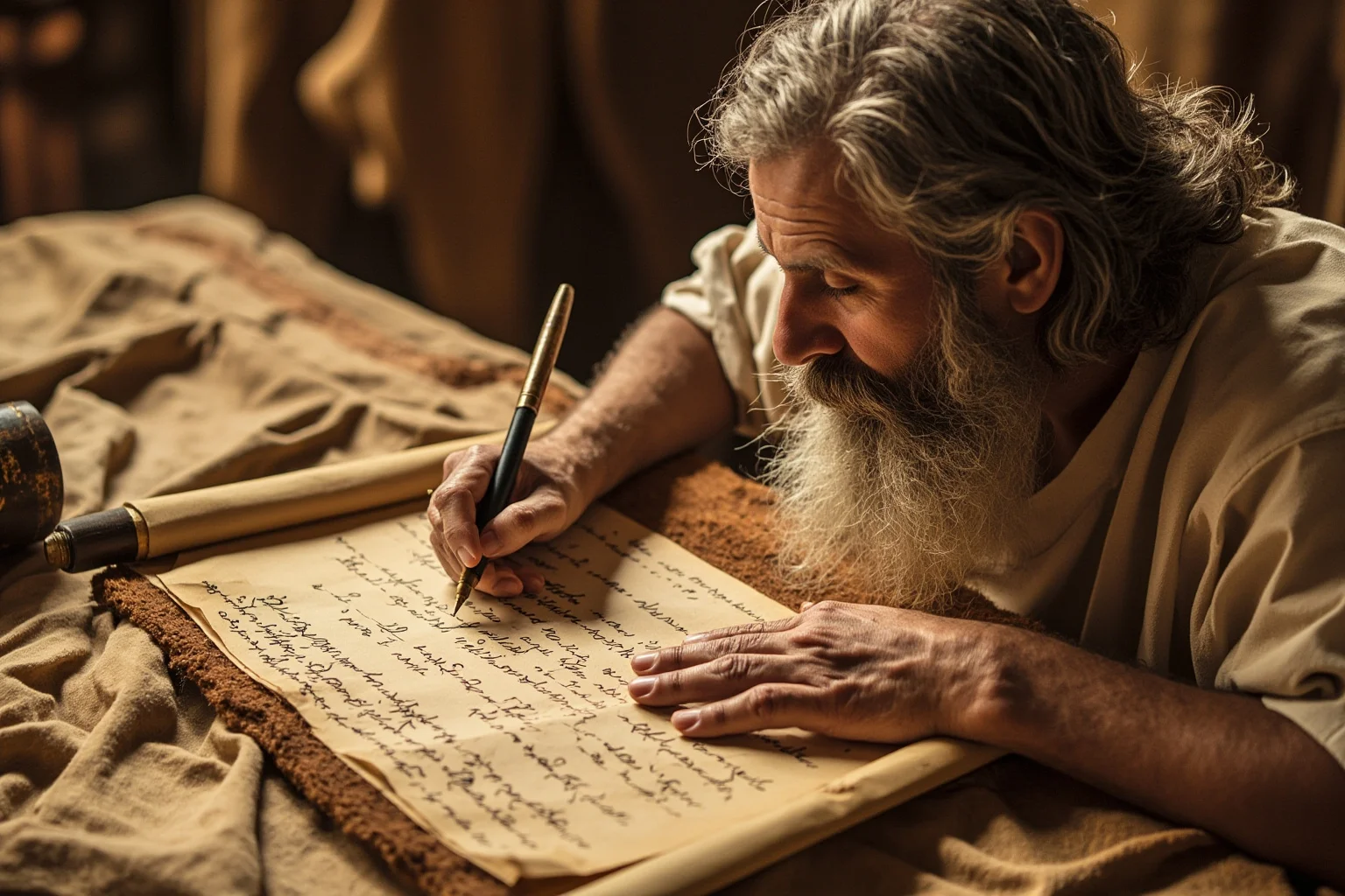 Ancient scribe transcribing oral poetry performance into written Greek on papyrus scroll