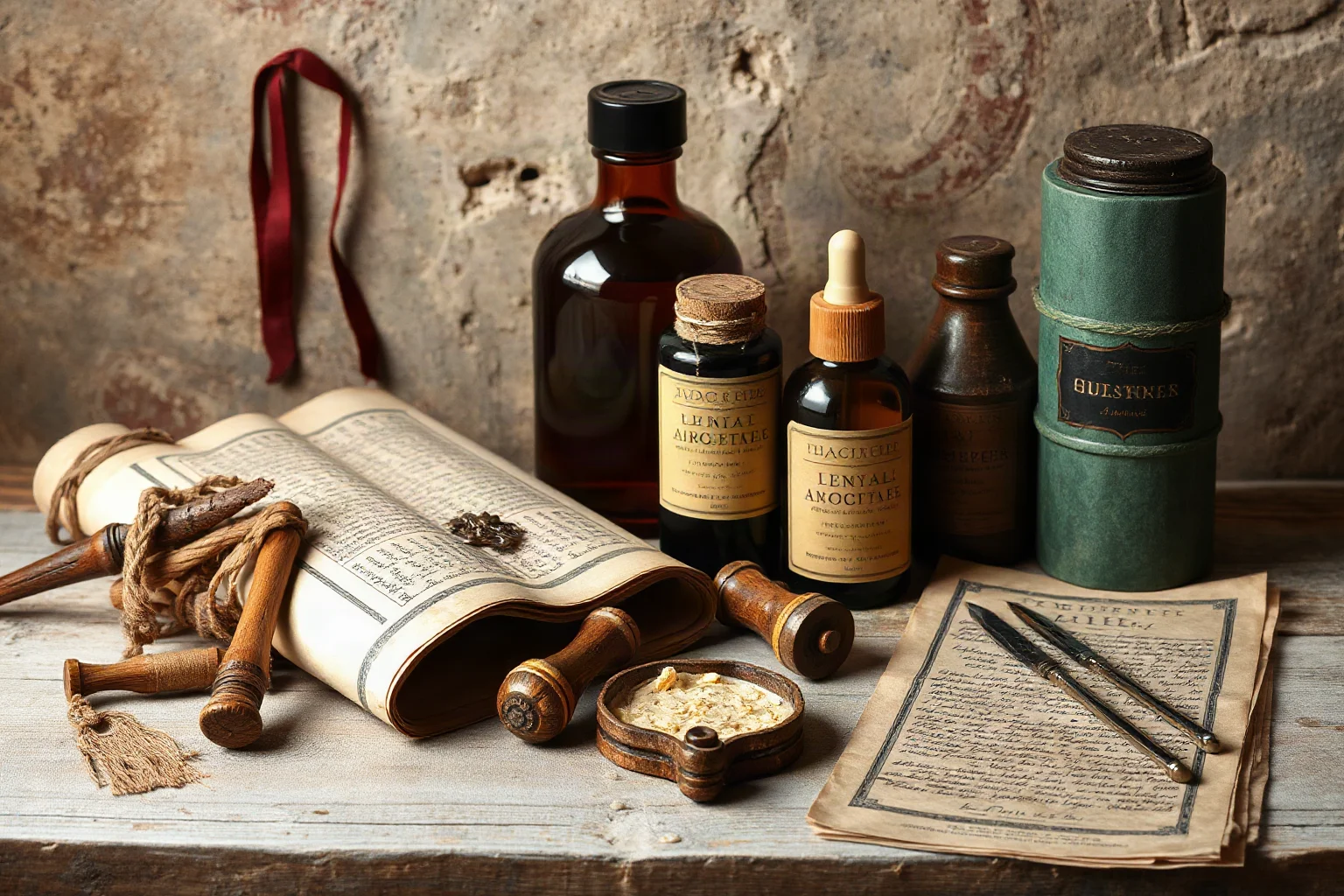 Ancient scroll and apothecary items representing historical medical and cosmetic treatises, illustrative style