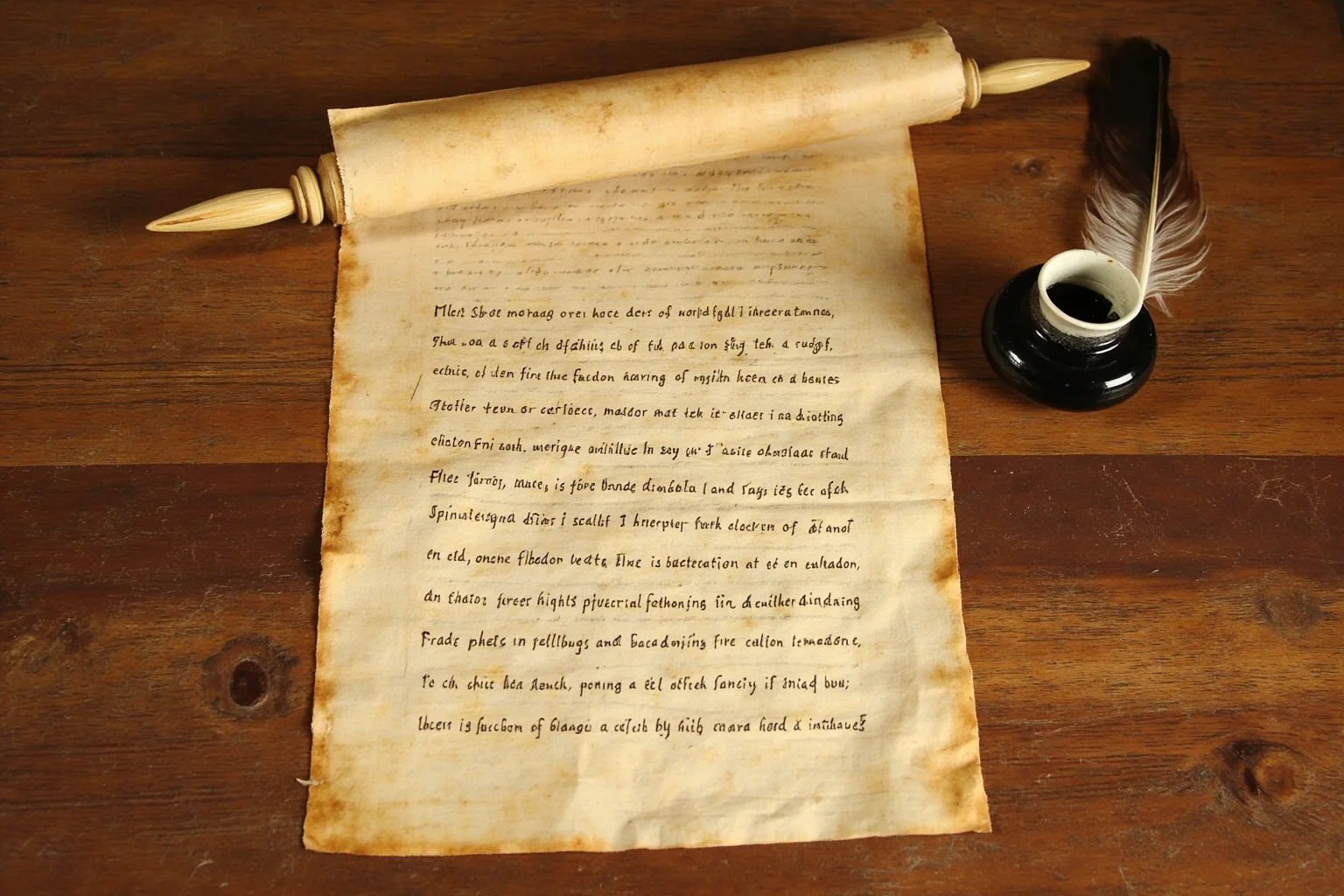 Ancient scroll unrolling with a long handwritten Latin list, ink pot and feather quill beside it