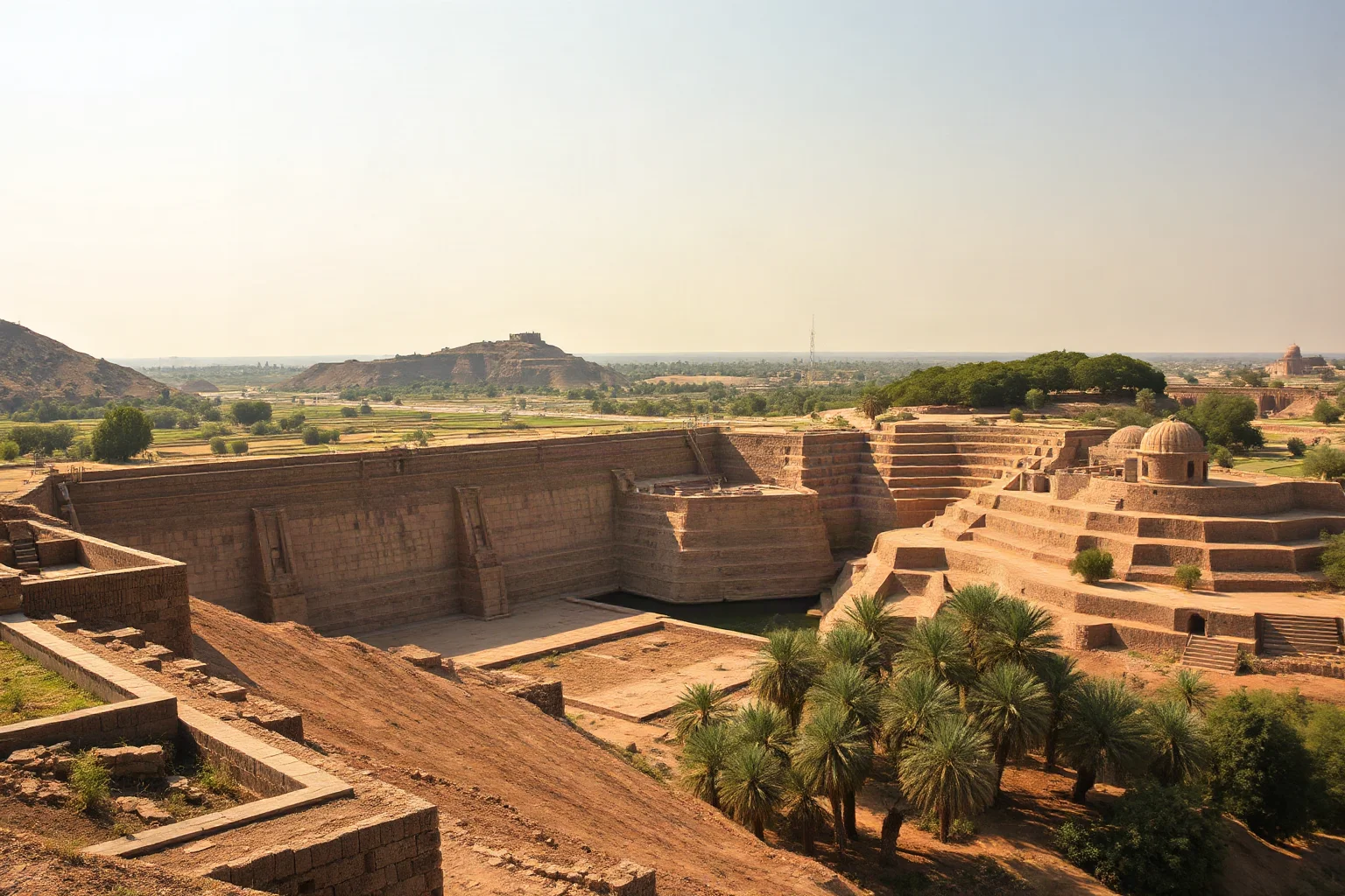 Ancient South Arabian dam and terraced irrigation fields with incense trees, Sabaean kingdom
