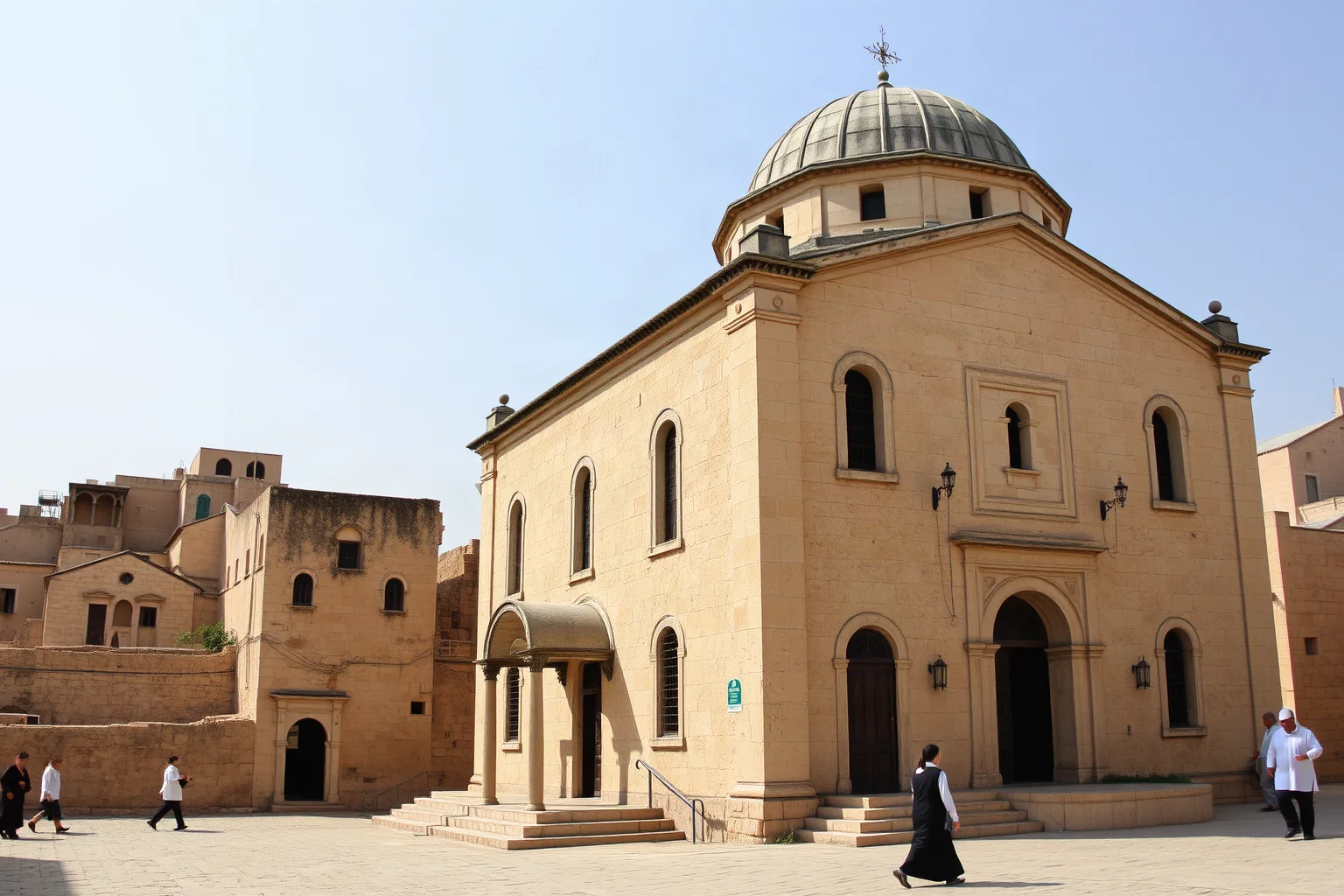 Ancient stone basilica with a domed roof in a Middle Eastern town, weathered facade, pilgrims walking nearby, historic photography